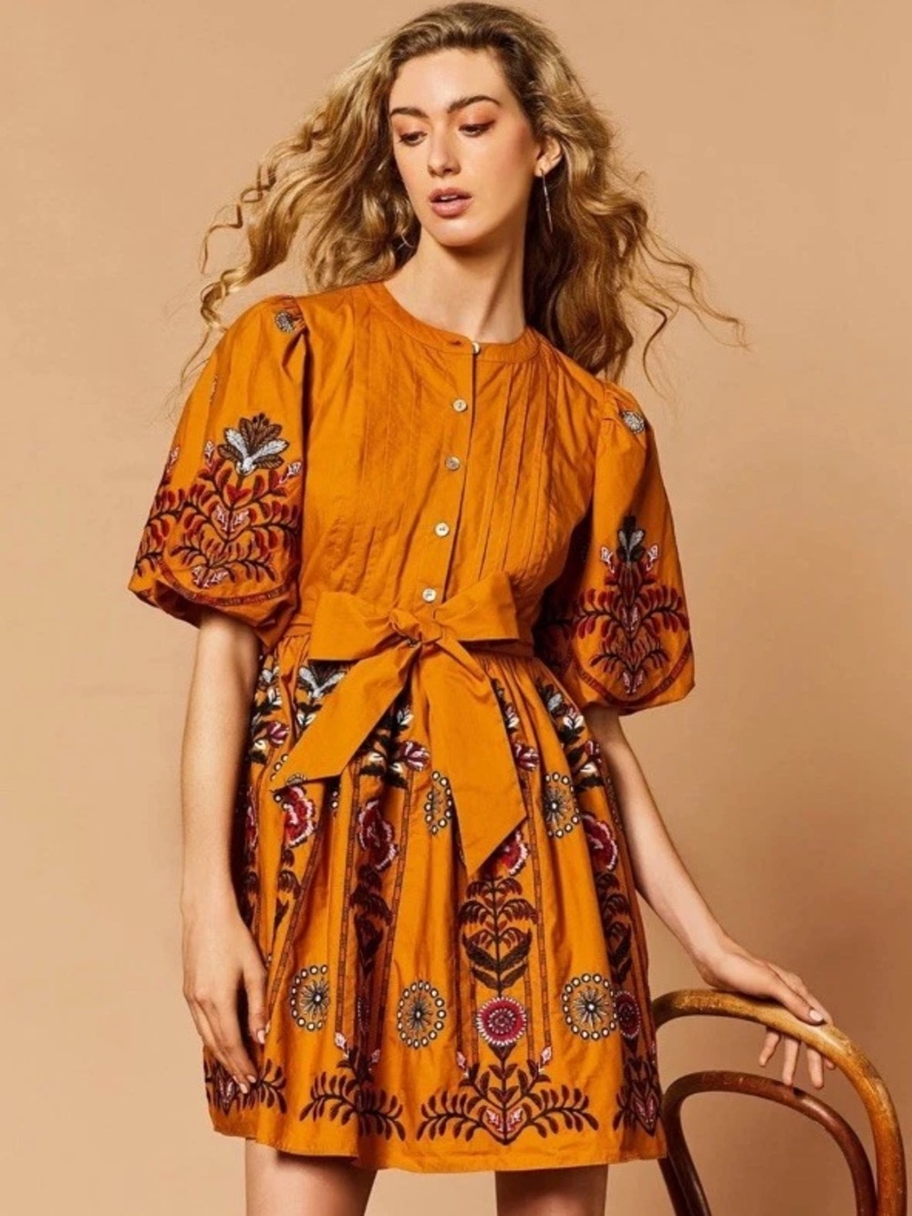 A Loves A Small Woven Floral Puff Sleeve Button Front Belt A-Line Flounce Dress